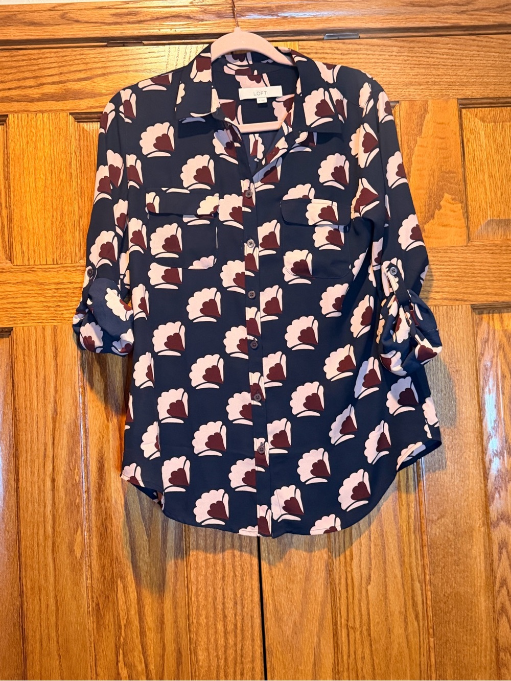 Ann Taylor Loft Navy Blue Pink Floral Blouse